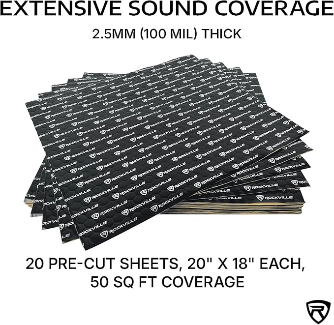 Rockville RockMat 50-25 50 Sq Ft Butyl Sound Deadening Mat 2.5MM 100 Mil, Aluminum Foil Backing, Heavy Duty Vibration and Noise Damping for Car Truck Van RV Marine and SPL Audio Installations