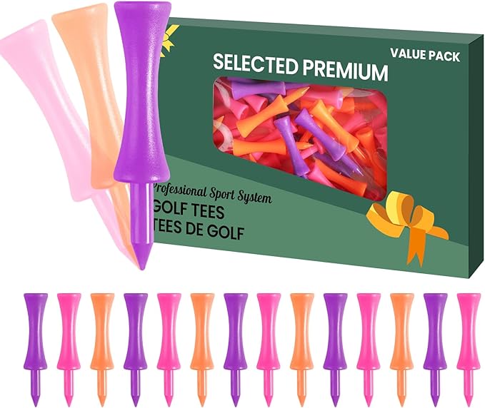 FINGER TEN Golf Castle Tees Plastic 2 1/4 Inch with Stopper for Consistent Height Value 50 Pack, Short Durable Tee for Par 3 Holes in Orange Purple Pink for Men Women