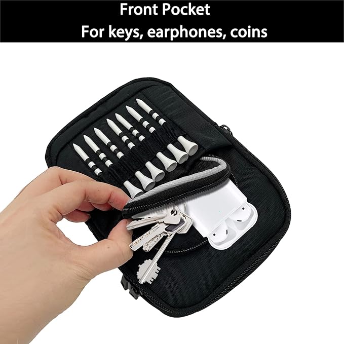 Golf Bag Pouch for Balls and Accessories | 3 Zipper Pockets | Detachable Clip | Store Up to 15 Balls | Front Tee Holder and 10 Bamboo Tees 3 1/4 in
