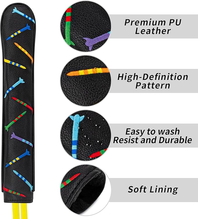 Golf Alignment Stick Cover Premium Leather Perfect Cover for Alignment Sticks Classic Tee Design Alignment Sticks Holder Golf Club Protector Holds 2 Sticks.