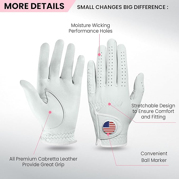 FINGER TEN Golf Gloves Women All Premium Cabretta Leather 1 Pack, Soft Comfortable & Breathable Grip Glove with Ball Marker Left Hand for Right Handed Golfer