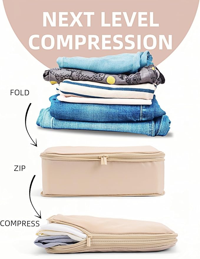 6 Set Compression Packing Cubes for Travel, Large Medium Small Luggage Organizers, Storage Bags for Clothes and Essentials (6 Pack, Mist Khaki)