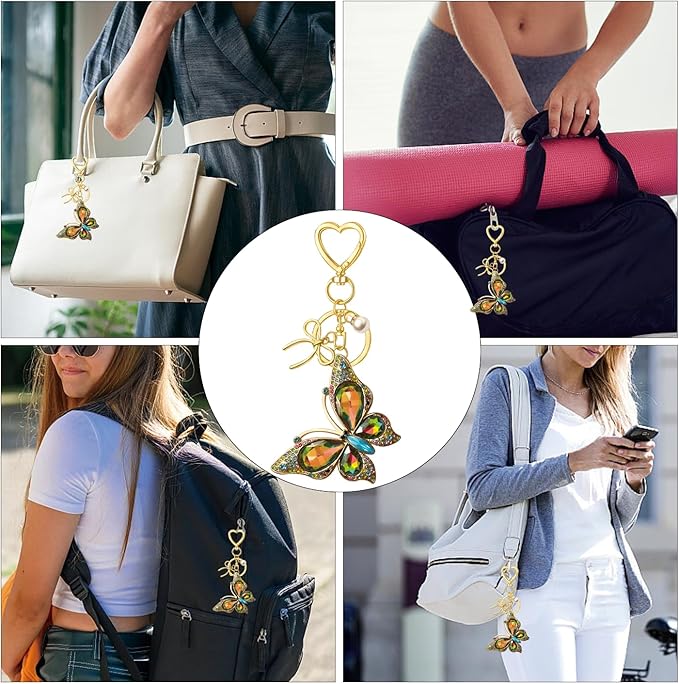 Bag Charm Keychain for Women: Cute Bow Keychains with Diamond Butterfly Pendant, Bags Purse Key ring Accessory