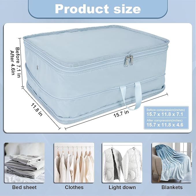 2 Set Compression Packing Cubes for Travel, Expandable Luggage Organizers Bag, Large Compression Cubes for Packing, Travel Accessories for Suitcase Organizer Bags Set (Light Blue)