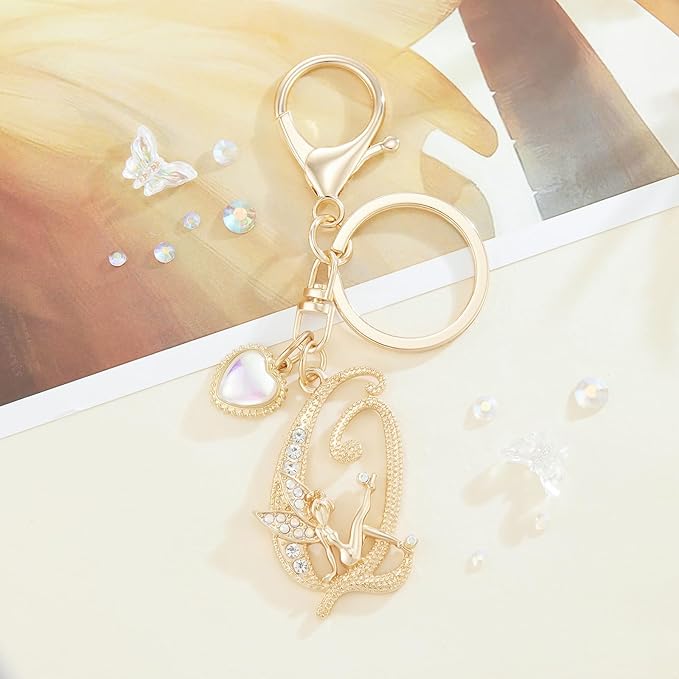 Gold Plated Alphabet Initial Letter Keyring Keychain for Women Girls Crystal Key Chains for Wallet Backpack Bag Charm