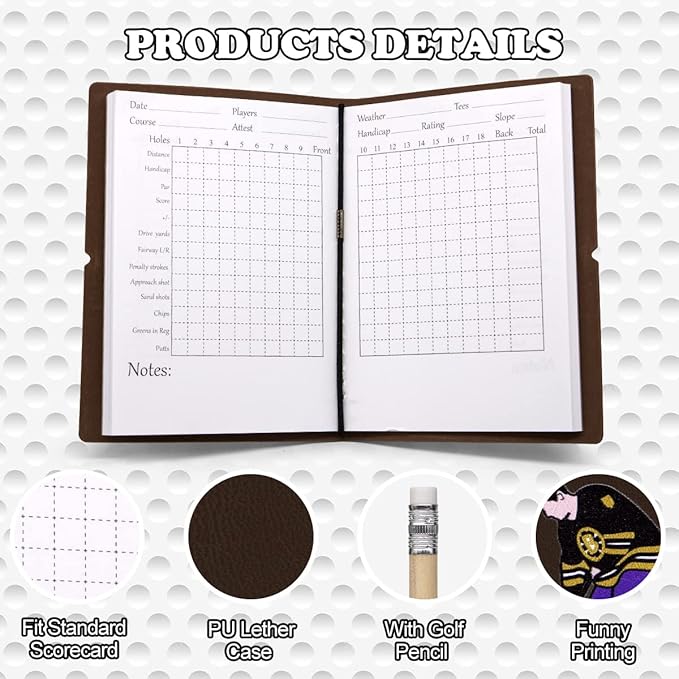 Leather Golf Scorecard Book Golf Yardage Book for Practice Stats and Round Logging - Golf Scorecard Book with Golf Score Cards Pages with Small Golf Pencil, Golf Terminology & Game Formats