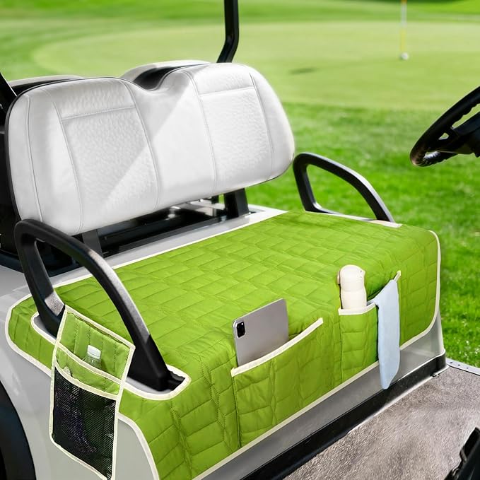 Golf Cart Seat Cover, Universal Bench Seat Cover with Storage Pockets, Non-Slip Seat Protector for Golf Cart, Fits EZGO Club Car Yamaha, Easy Install