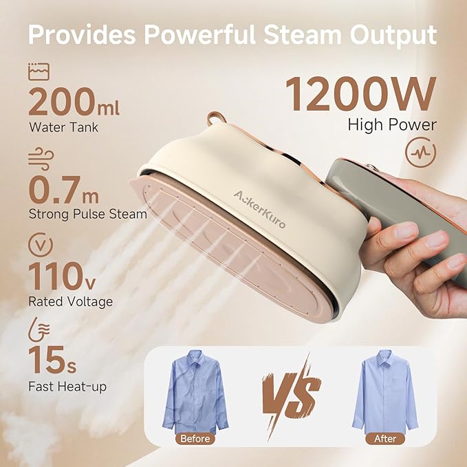 Steamer For Clothes, Steamer ＆ Iron 2 In 1,Portable Handheld travel Steam,1200W 15s Heat Up for Travel Size,Wrinkle Remover,200ml Tank,3 Modes for dress shirts for home travel,Beige, 120V