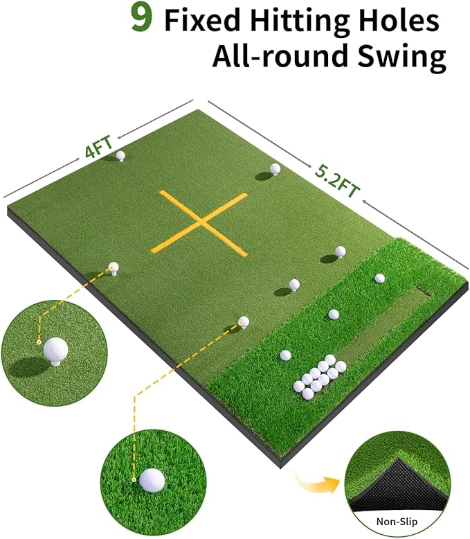 5.2x4ft & 6x4ft 21mm-45mm Dual-Turf Golf Mat with Ball Tray, Thickened Golf Hitting Mat with 9 Hitting Holes, Alignment Aid Practice Mat for Hitting, Driving Chipping, Swinging, Gifts for Men/Dad/Him