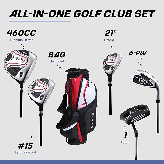 Aspire XD1 Men’s 14-Piece Golf Set – 460cc Titanium Driver, Wood, Hybrid, 6-PW Irons, Putter, Stand Bag, 3 Headcovers and Cover