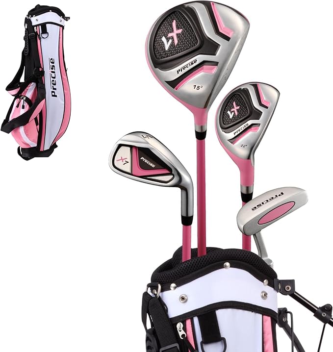 Precise X7 Kids Golf Clubs Set – Boys’ & Girls’ Junior Golf Set with Lightweight Graphite Shafts, Hybrid, Putter & Stand Bag