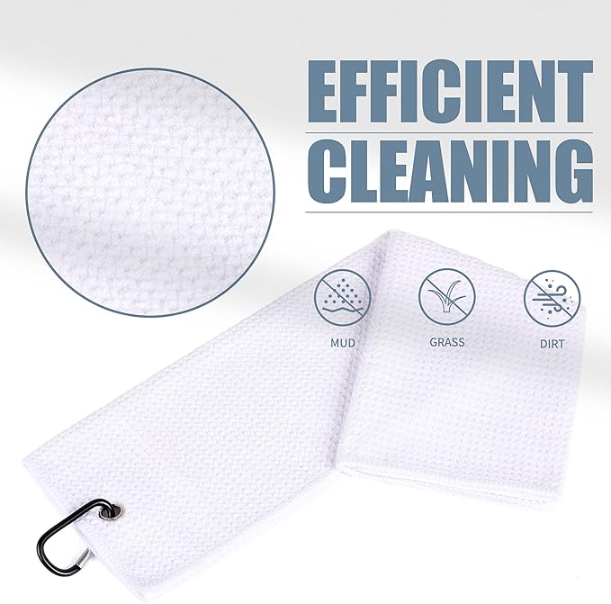Mile High Life 2 Pack White Microfiber Tri-Fold Golf Towels with Carabiner Clip, Water Absorbent, Size 16"x21"