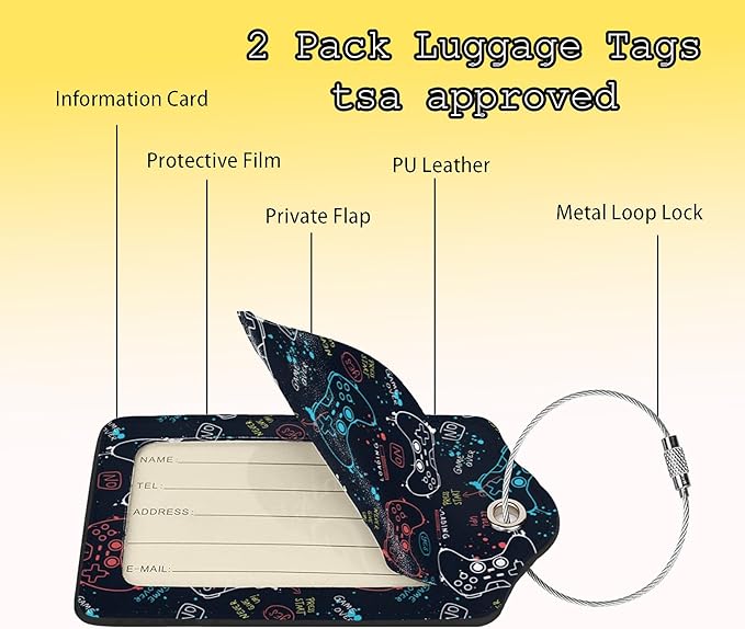 2 Pcs Gamer Luggage Tag for Suitcase Cute Gamepad Player Tags Birthday Gifts for Men Women Kids Boy Girl Travel Identifiers Privacy Cover ID Label with Steel Loop
