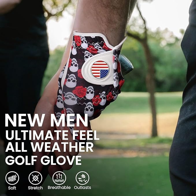 FINGER TEN Golf Gloves Men Right Handed Golfer Left Hand with Ball Marker 2 Pack Leather Breathable Comfortable Weathersof Grip Size Small Medium ML Large XL