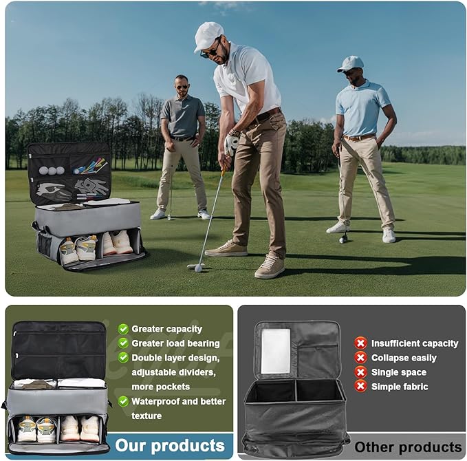 Golf Trunk Organizer Car Golf Locker with Separate Ventilated Compartment for 2 Pair Shoes,Golf Trunk Storage, Tees for Balls Golf Gifts for Women and Men-Light Grey