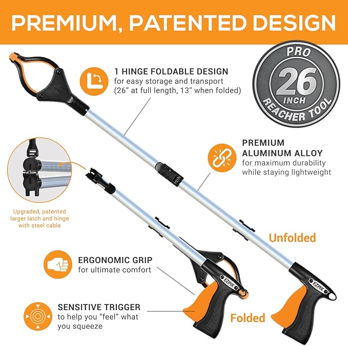 EZPIK® Grip Aid Tool Grabber Reacher + Magnets - Grabbers for Seniors, Trash Picker Upper Grabber - Trash Grabber Tool- Reacher Grabber Pickup Tool (Silver, 26" (Pack of 1))