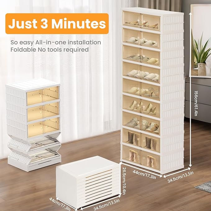 Portable Extra Large Folding Shoe Rack Set of 2, Shoe Organizer Storage Box for Closet With Magnetic Clear Door, Shoe Storage Cabinet for Living Room, Entryway(9 layers—18 Pairs, Style-A)