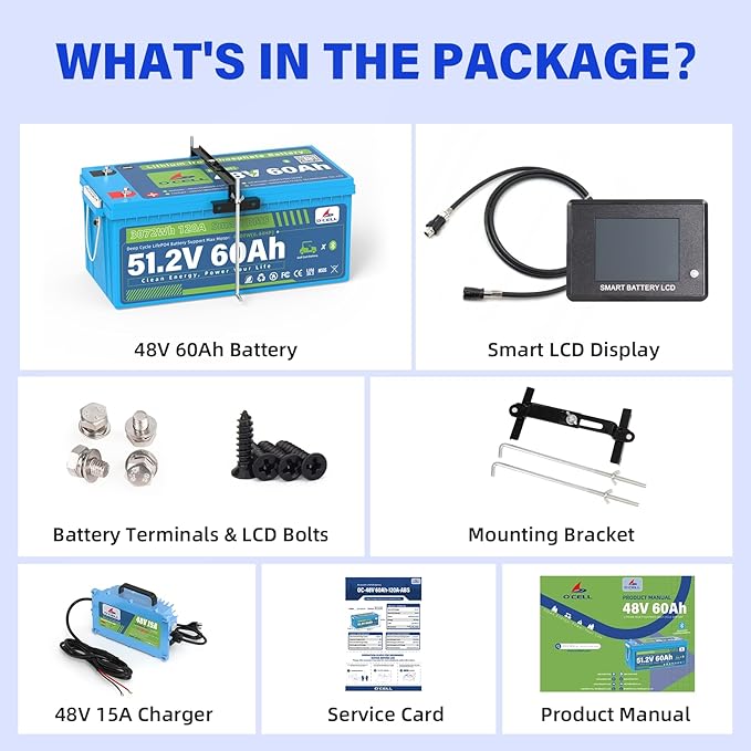 48V (58.4V) 60Ah LiFePO4 Golf Cart Battery with Mounting Bracket, 38.4V 4.8kW Lithium Iron 120A BMS, Bluetooth/LCD, 58.4V 15A IP67 Charger - 10 Year Lifespan Fit Club Car, EZ-GO, Trolling Motors