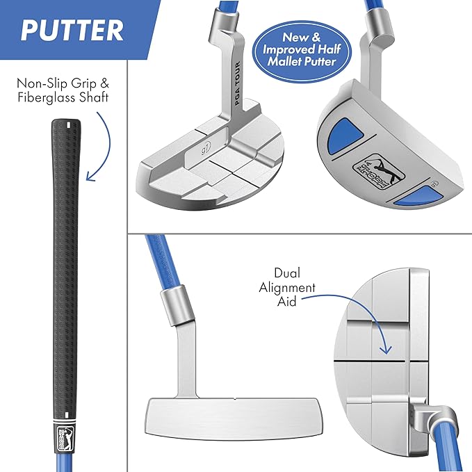 PGA Tour Youth Golf Club Set for Ages 8-12 (4’8”-5’2”) and 12+ (5’2”+), Right and Left-Handed Kids Golf Sets – Beginner Junior Golf Clubs with Lightweight Stand Bag, Mallet Putter, Hybrid, Driver
