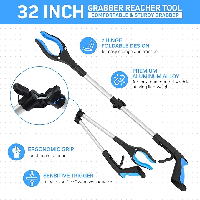 32" Grabber Reacher Tool – 3 Pack Foldable Reacher Grabber Pickup Tools for Seniors, Disabled, Trash Pickup, and Hard-to-Reach Areas, Ergonomic Grip & Lightweight Design（Orange Blue Pink）