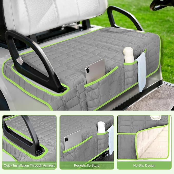 Golf Cart Seat Cover, Universal Bench Seat Cover with Storage Pockets, Non-Slip Seat Protector for Golf Cart, Fits EZGO Club Car Yamaha, Easy Install