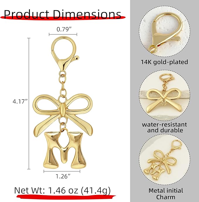 Gold Bubble Heart, Cherry, Bow & More Designs Letter Initial Keychain Bag Charms – Cute Purse Charms for Handbags