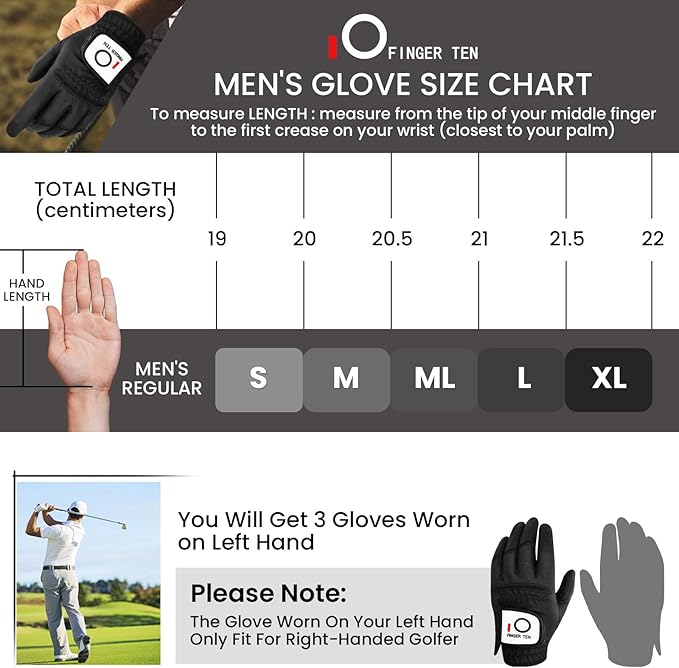 FINGER TEN All Weather Grip Golf Gloves Men Value 3 Pack for Right Handed Golfer, Hot Wet Rain Grip & Comfort Soft Glove for Premium Performance, Colors White Black Blue Sizes S M L XL