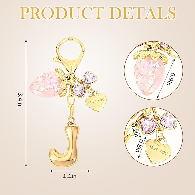 Snycler Bubble Initial Keychain with Strawberry & Bow- Gold Letter Bag Charms for Women, Cute Purse Handbag Accessories