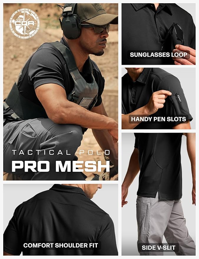 CQR Men's Polo Shirts, Tactical Short Sleeve Golf Performance Shirts, Lightweight Dry Fit UPF 50+ Pique