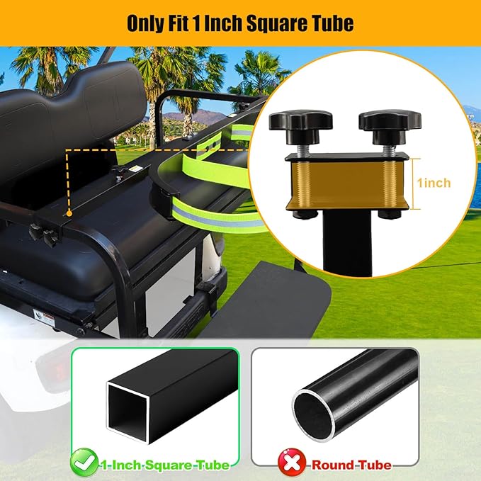 No Drilling Golf Cart Bag Holder Bracket for 2+2 Golf Cart Rear Seat with 1 Inch Square Tube, Universal Golf Bag Attachment Adjustable for EZGO Club Car Yamaha Golf Carts