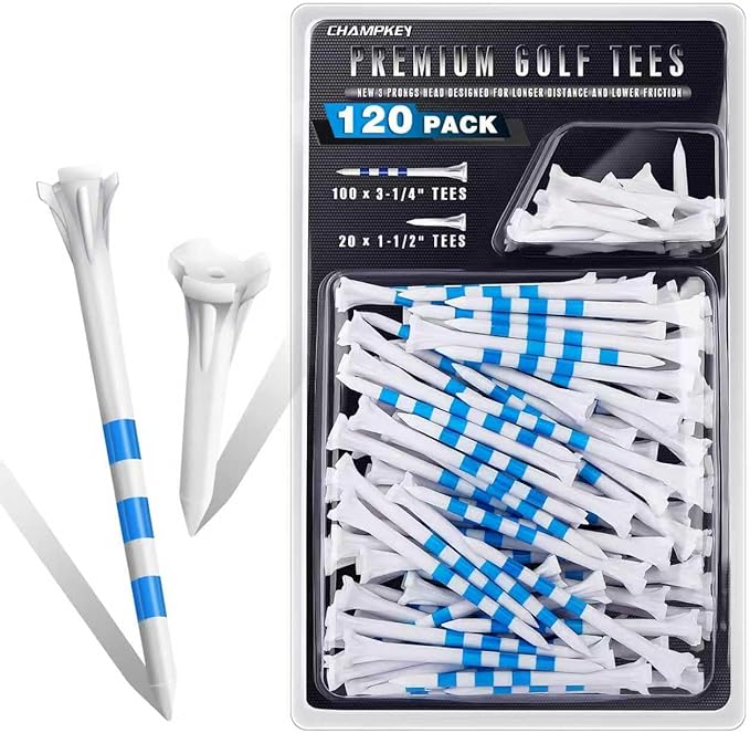 CHAHMPKEY Premium 3-Prong Plastic Golf Tees 3-1/4" 120 or 100 Pack- 40% Reduced Ball Contact with High Stability and Long Distance Performance Golf Tees Plastic