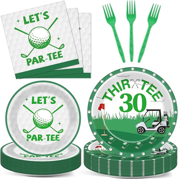 96 Pcs Golf 30th Birthday Party Decorations Golf Theme Tableware Set Golf Thir-Tee Plates Napkins Forks for Let's Par-Tee Men Women Birthday Dinnerware Green Sports Party Supplies 24 Guests