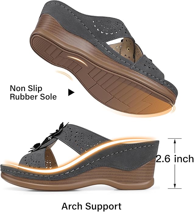 TEMOFON Womens Wedge Sandals Leather: Dressy Sandal, Rubber Sole, Comfortable Walking, Casual Slip on Summer Shoes, Size 5-11