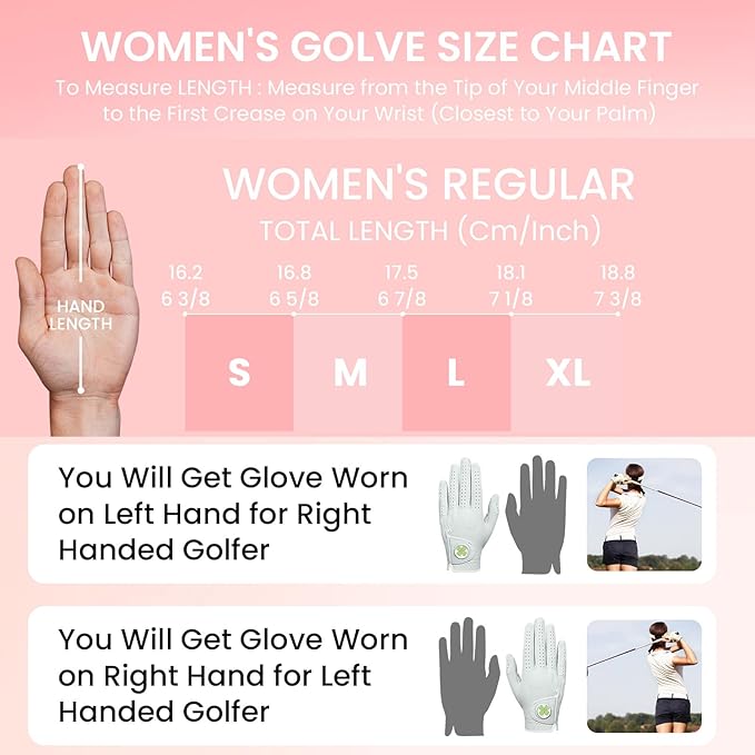 Golf Gloves Women All Premium Cabretta Leather 1 Pair with Ball Marker, Soft Comfortable & All Weather Grip Glove for Right Handed Golfer, Serious Feel Fit Size Small Medium Large XL