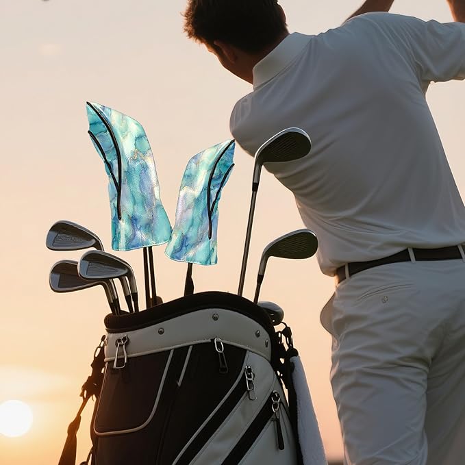 Golf Driver Head Covers Fairway Wood Headcovers, Premium Leather Golf Club Covers with Anti-Scratch Lining 1/3/5 Wood Cover for Golf Clubs for Women Men (Marble Blue)