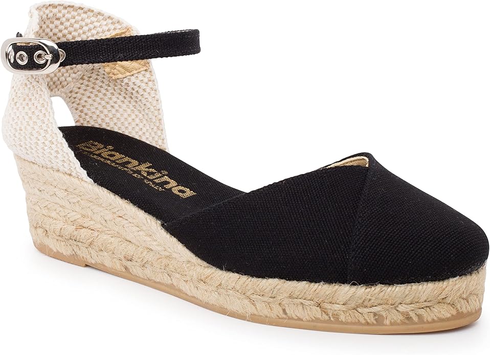Girona Authentic Spanish Espadrille Wedge Sandals for Women - Sustainable, Eco Friendly, Vegan Shoes. Classic Style, Organic Cotton Canvas Upper, Comfy Insole, Jute Midsole, Rubber Sole. Made in Spain