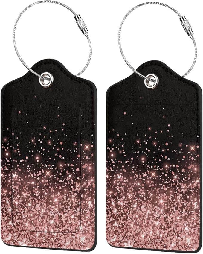 Leather Luggage Tags for Adults Teens,2 Pack Rose Gold Glitter Travel Bag Suitcase Labels with Stainless Steel Loop ID Tags Card Baggage Bag Label
