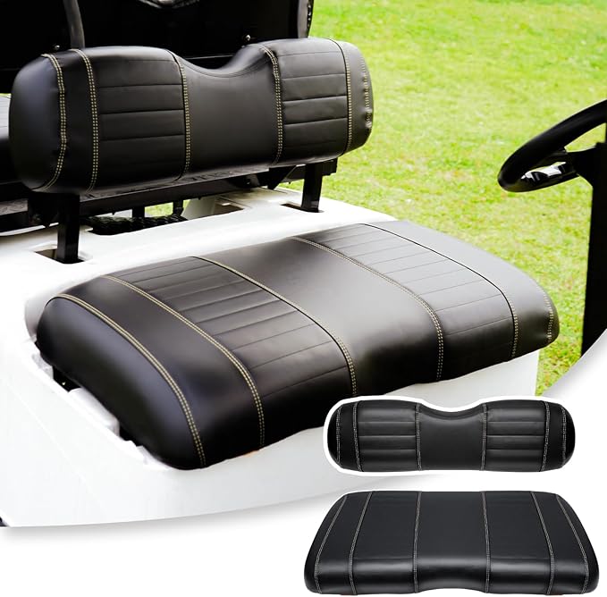 Golf Cart Seat Covers fits Club Car Precedent/DS/EZGO RXV/TXT/Yamaha Front Rear Seat Cushion，Black Leather Custom Stripe Soft Comfortable/Anti-Scratch/Easy to Clean