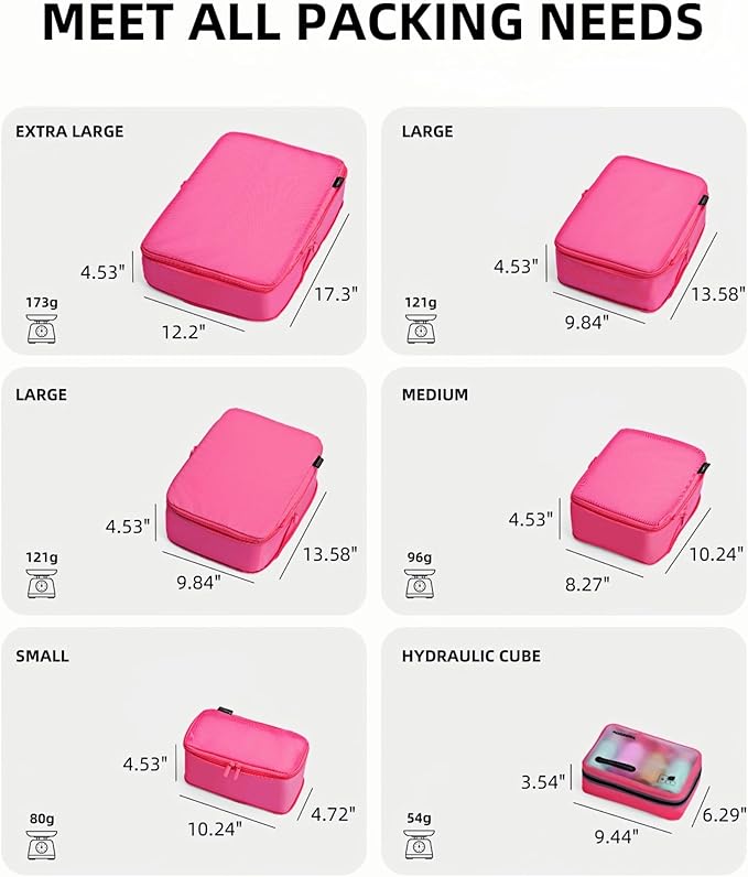6 Set Compression Packing Cubes for Travel, Large Medium Small Luggage Organizers, Storage Bags for Clothes and Essentials (6 Pack, Rose Red)