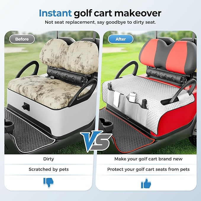 Tecoom Golf Cart Seat Covers, Universal Golf Cart Seat Towel Blanket with Armrest Strap 4 Pockets Non-Slip Bottom, Fits Club Car, EZGO, Yamaha, and More Front Seats, Protect Seats from Pet-Scratch Sun