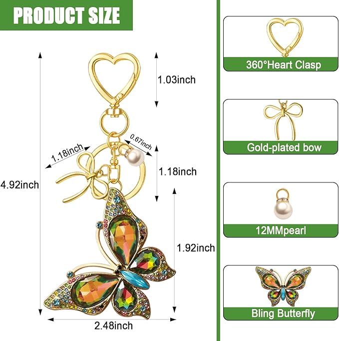 Bag Charm Keychain for Women: Cute Bow Keychains with Diamond Butterfly Pendant, Bags Purse Key ring Accessory