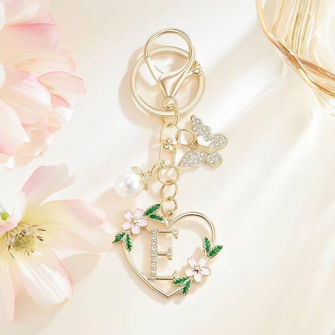Gold Heart Initial Letter Keychain for Women Key chain Keyring for Purse Handbags Backpack Charm