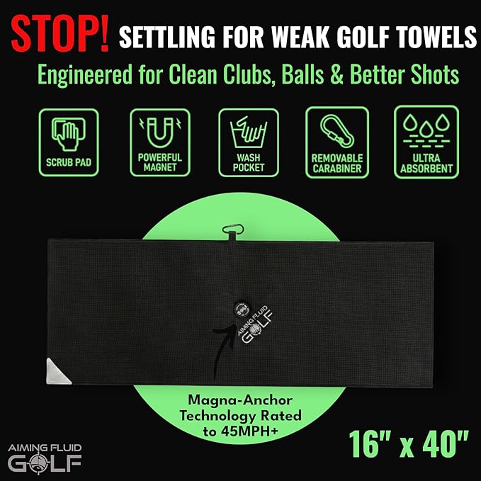 Magnetic Towel Club Glove Gear - 3 Stage Cleaning System- Microfiber Rag with Magnet for Golfcart Bags for Men and Women Black, 16" x 40" The 40