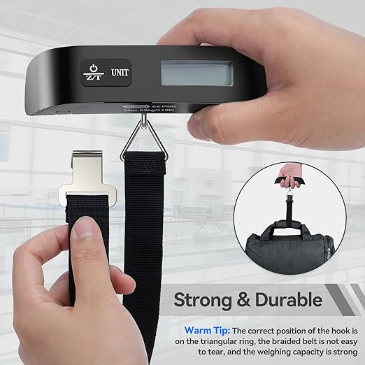 Luggage Scale, Travel Essentials, Digital Backlight LCD Display Handheld Suitcase Scales for Travel Accessories with Rubber Paint, Temperature Sensor 110 Pounds, Battery Included, Black