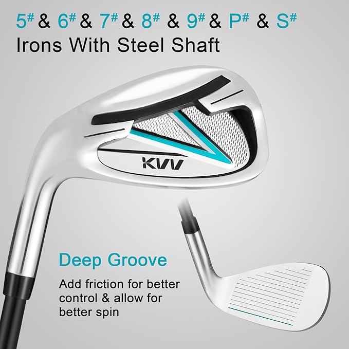 KVV Premium Right Hand Golf Club Set 11-Piece Set for Women, Including Driver, Fairway, Hybrid, 5#-P# Irons, Putter Steel Shaft Regular Flex Golf Clubs, with/Without Golf Bag