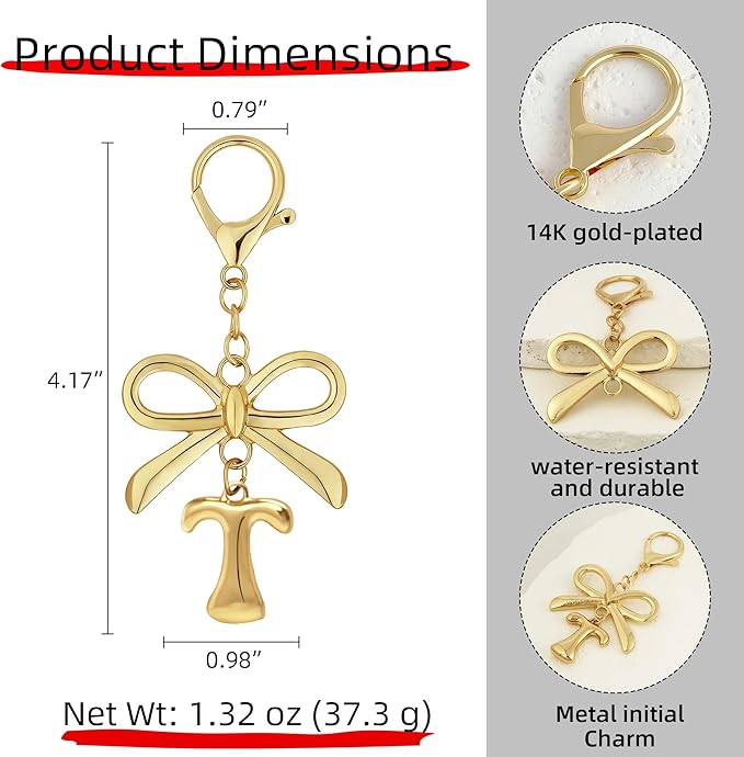 Gold Bubble Heart, Cherry, Bow & More Designs Letter Initial Keychain Bag Charms – Cute Purse Charms for Handbags