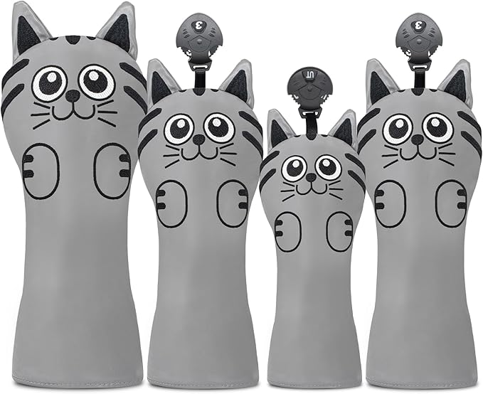 Golf Kitty Head Cover Golf Club White Leather Headcovers 1pc/4pcs Set Fits Driver Fairway Wood Hybrid Utility Putter Iron Wedge Headcover.