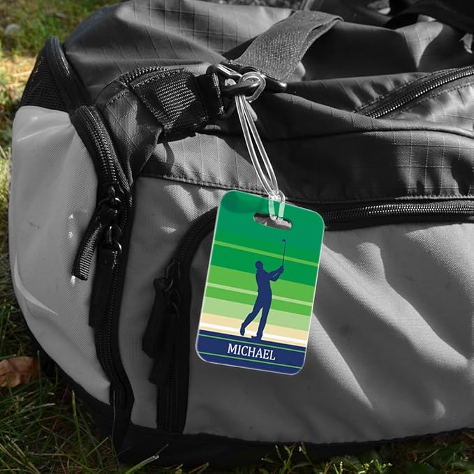 ChalkTalkSPORTS Golf Luggage & Bag Tag | Personalized Male Golfer | Standard Lines on Back | Medium | Green