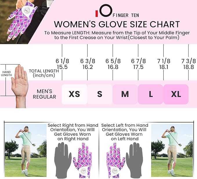 FINGER TEN Stylish Golf Gloves Women with Ball Marker 1 Pack for Left or Right Hand, Breathable Glove with Fashion Patterns for Ladies Right Left Handed Golfer