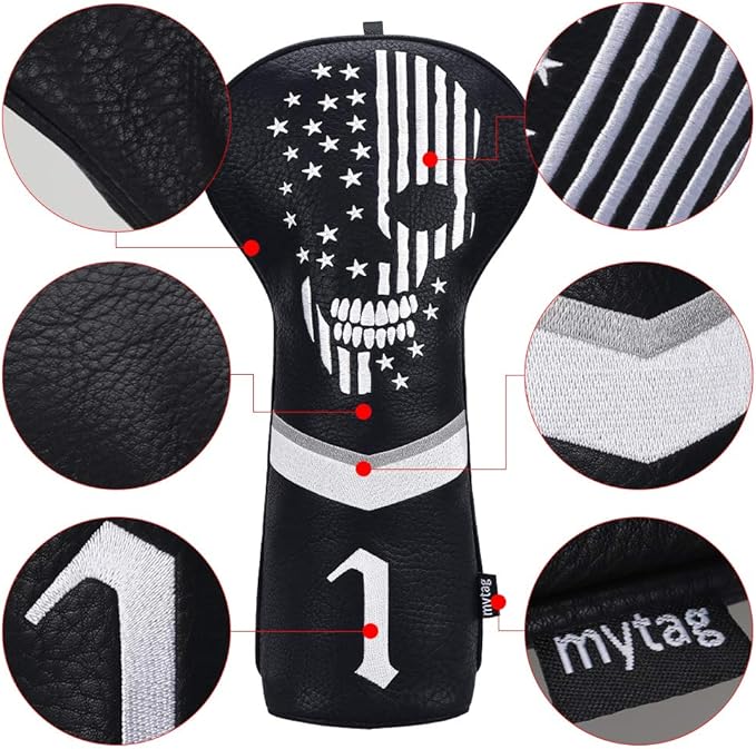 mytag Skull Skeleton Golf Head Covers Black Synthetic Leather Golf Headcovers Set Fits Driver Fairway Wood Hybrid/Utility Putter Iron Wedge Headcover